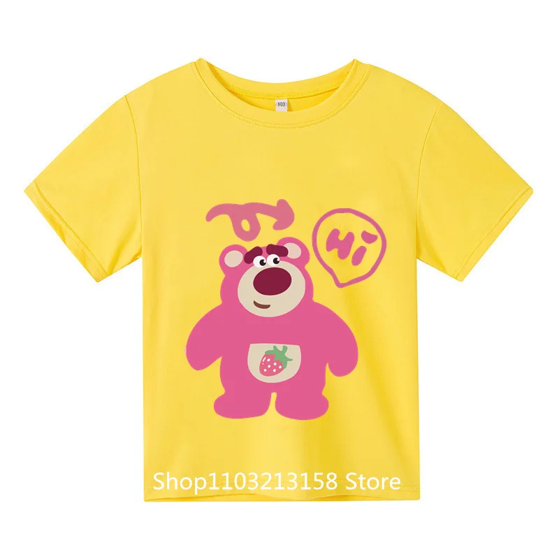 

Cartoon Pink Strawberry Bear Kids Short Sleeve T-shirt Boys Girls 2024 Summer Crewneck Fashion Casual Harajuku T-shirt