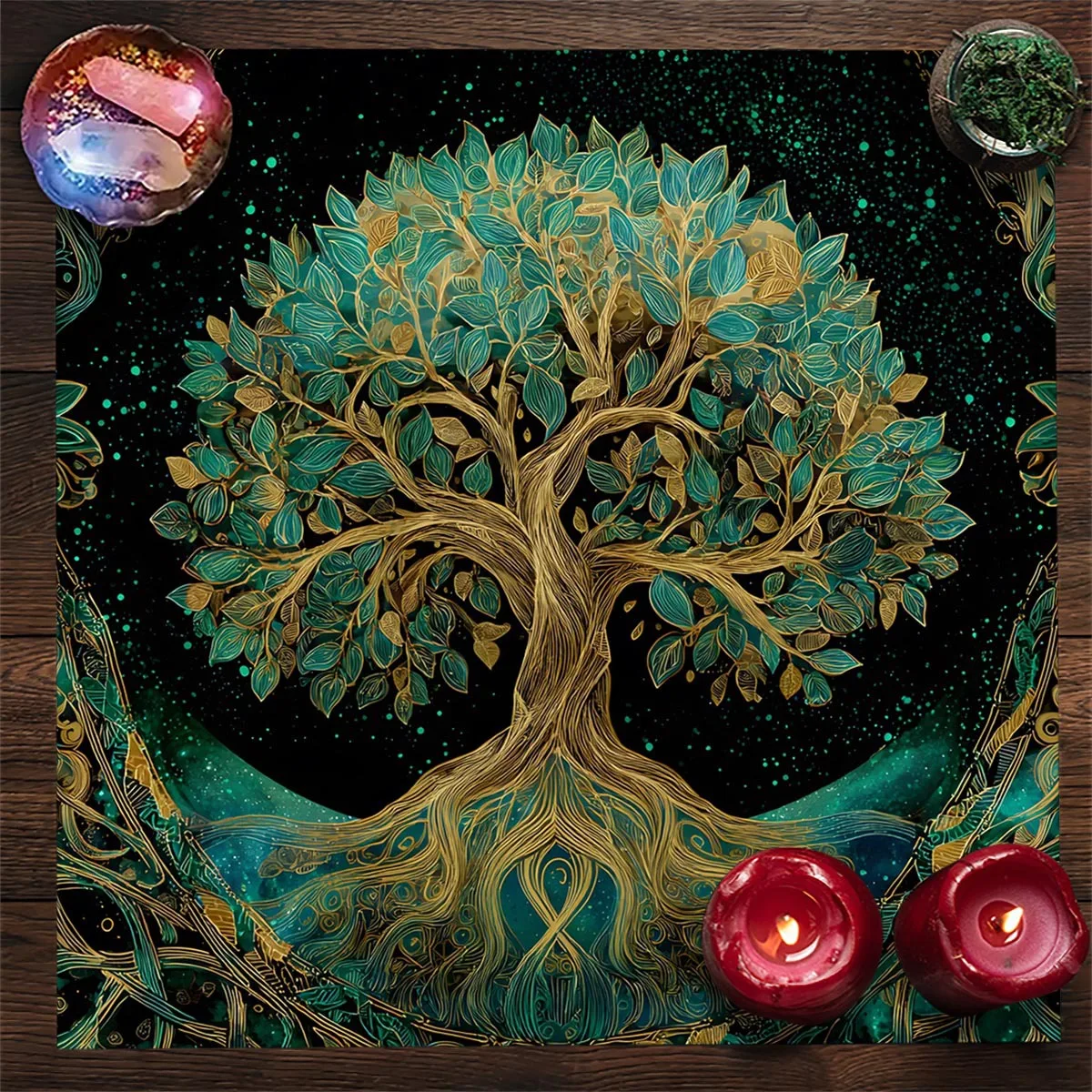 Gilded Celestial Tree Print Divination Tablecloth Mat Occult Mystical Altar Cloth Teal Gold Pattern Polyester Fabric Tarot Read
