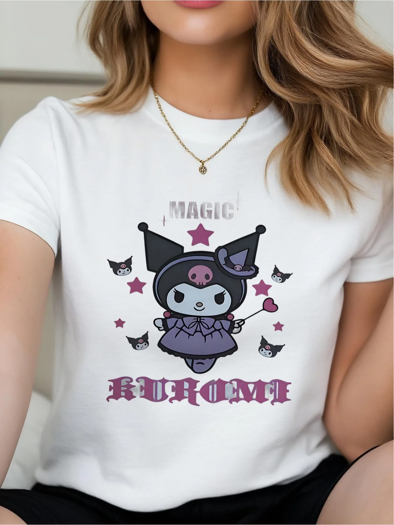 

Women's Sanrio Hello Kitty Magical T-Shirt - Cute Witch Hat & Star Design with Hello Kitty As Kuromi, 100% Soft Breathable Short