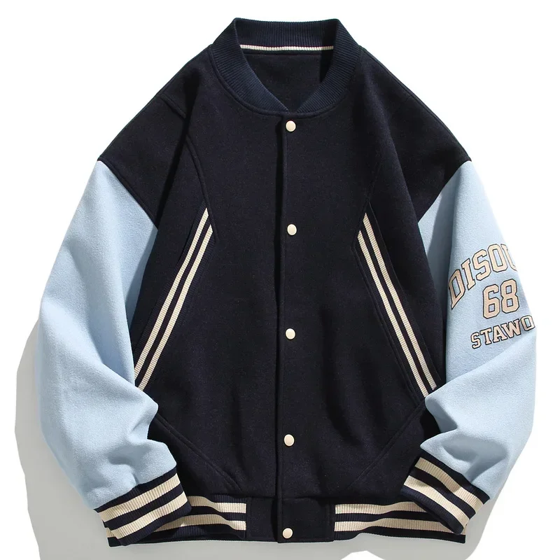 

Streetwear Unisex Baseball Uniform College Style Color Blocking Bomber Jackets Trendy Letter Embroidery Loose Sports Coats Men