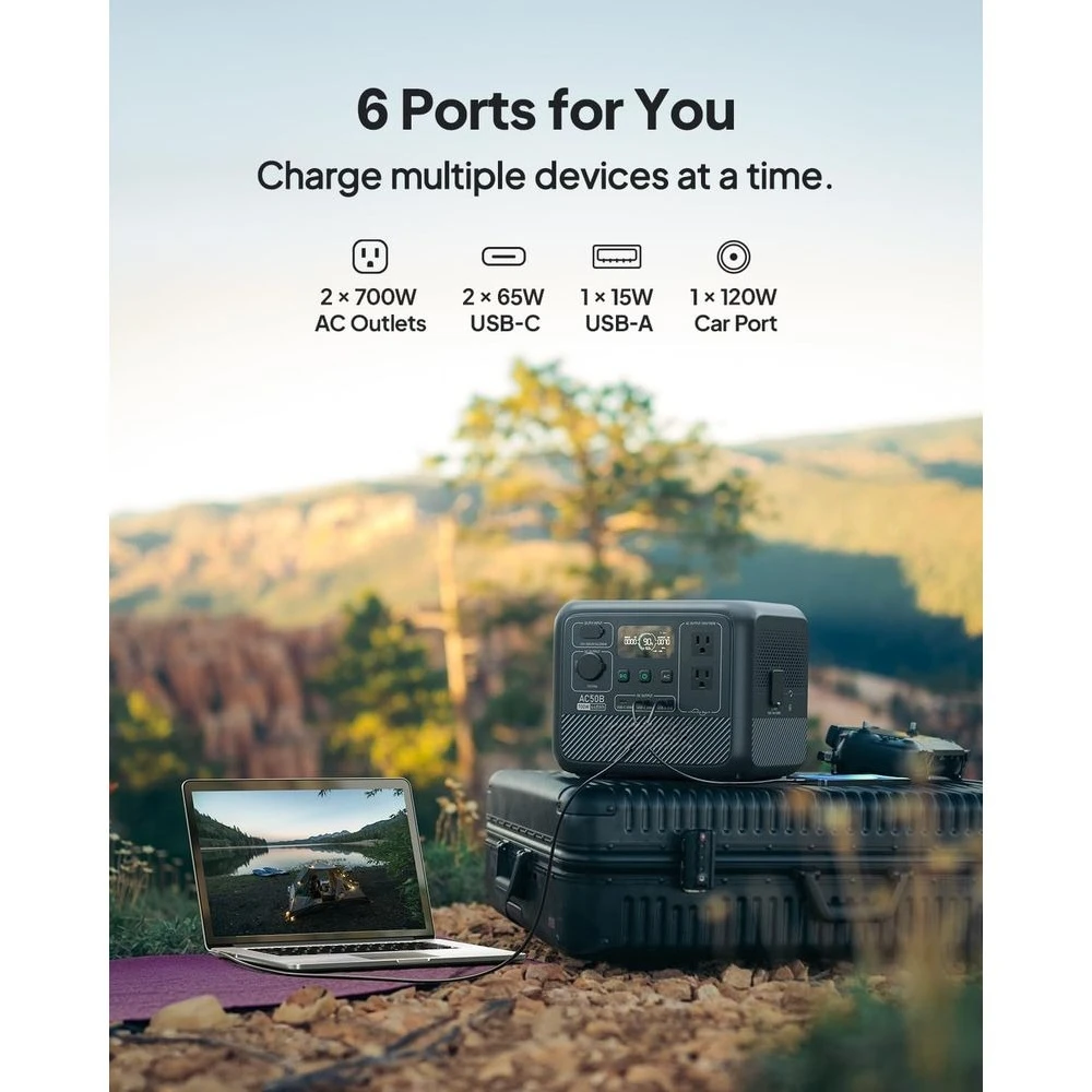 محطة طاقة محمولة AC50B، مولد طاقة شمسية 448 وات في الساعة LiFePO4 بطارية احتياطية مع 2 منافذ تيار متردد 700 وات (رفع طاقة 1000 وات)، 0-80% بوصة