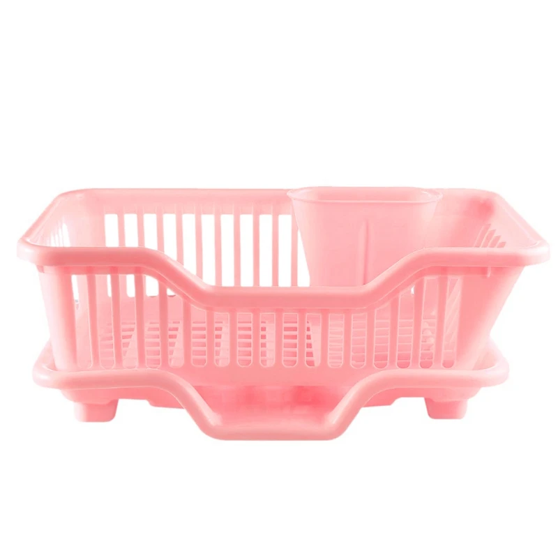 Environmental Plastic Kitchen Sink Dish Drainer Set Rack Washing Holder Basket Organizer Tray, 17.5 x 9.5 x 7INCH (Pink)-AT48