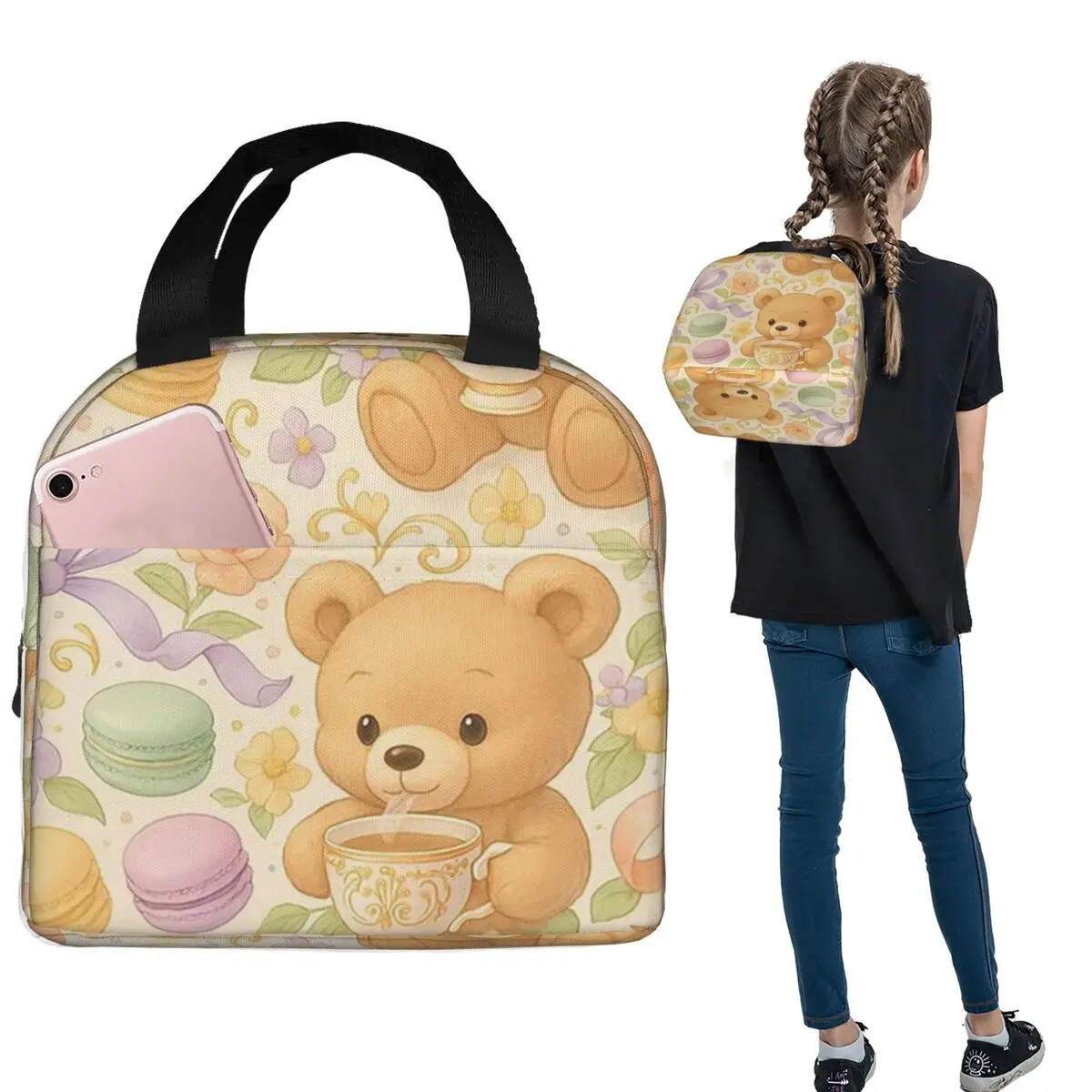 Cute Bear Coffee Dessert Pattern Insulated Lunch Bag for Women Kids Portable Food Boxes Thermal Lunch Box Tote