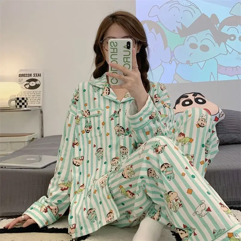 

Cartoon Cute Crayon Shin-chan Anime Women Pajamas Spring Fall Striped Long Sleeve Cardigan Set Can Go Out Loose Casual Homewear