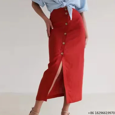 Wholesale Summer Women Daily Wear Casual Front High Slit Multi-button Design High Waist Red Linen Skirt