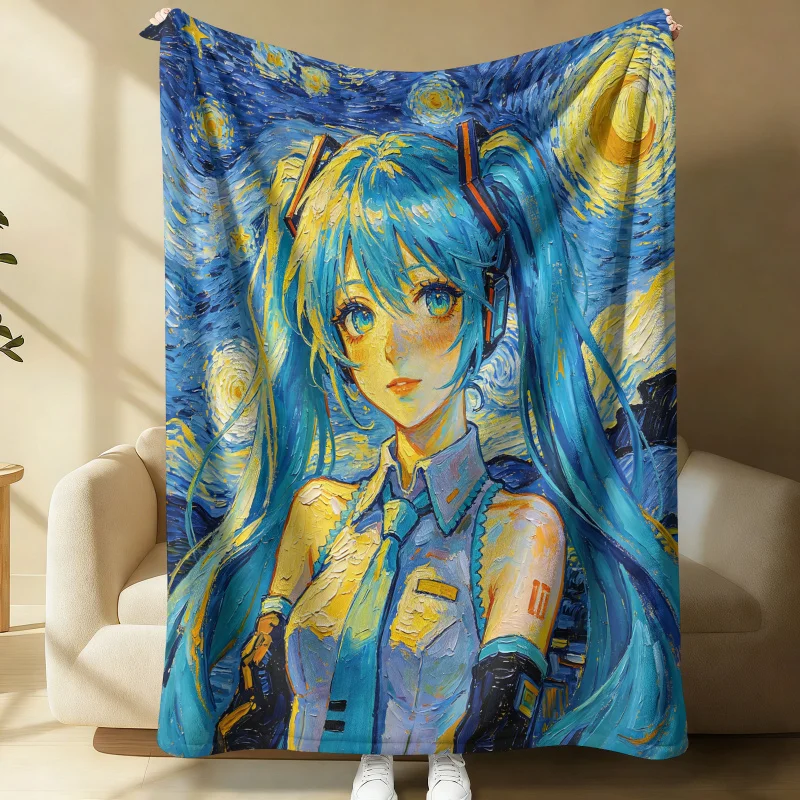 Hatsune Miku Starry Night Flannel Throw Blanket Bedroom Decor Van Gogh Style Anime Nap Blanket Air Conditioner Sofa Throw Cover