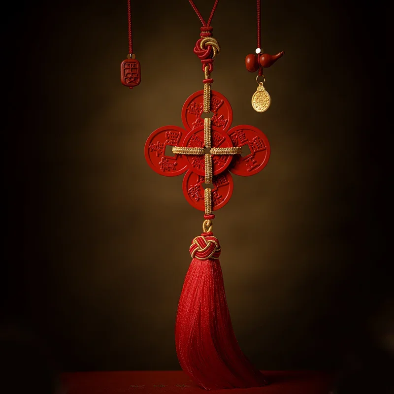 

Natural high content cinnabar red and pentant five employees money hand woven car pentant tassel pentant