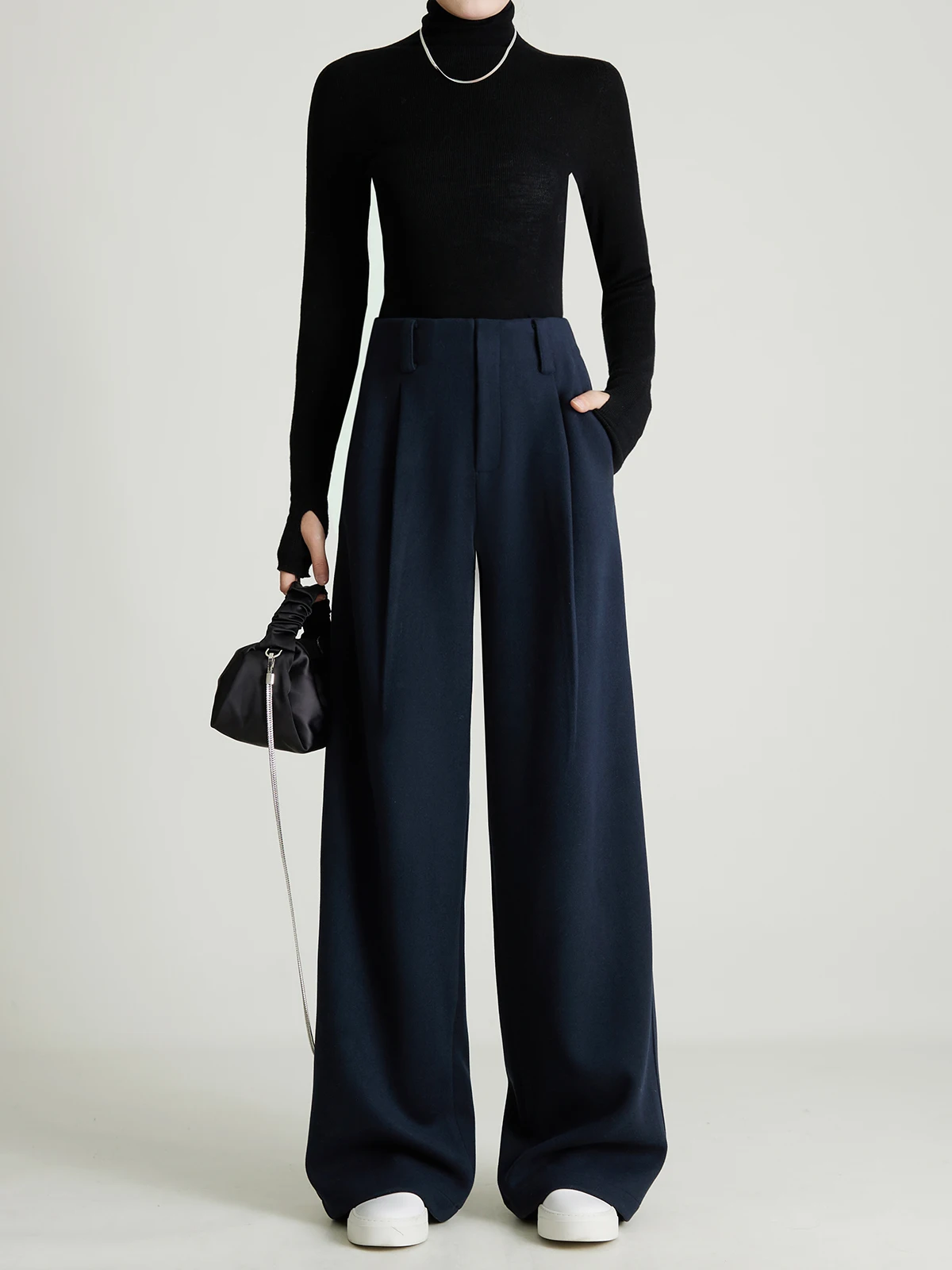 

High Waist Wide Leg Pants Thiened Acetate Wool Dra Winter Tweed k Blue Casual Pants for Women Straight Cut