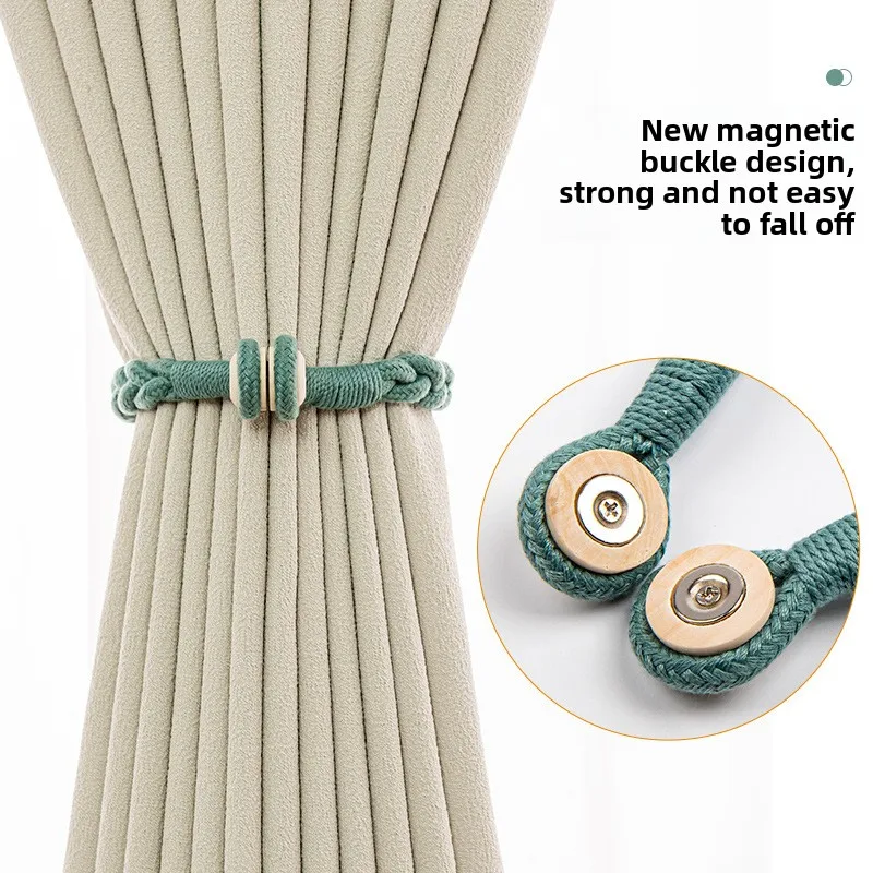 Modern Minimalist Nordic Twist Braided Curtain Tiebacks with Wood Magnetic Buckle - No-Drill Window Organizer