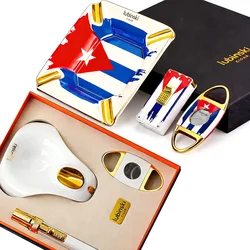 LUBINSKI Lighter Cigar Set Metal Portable Guillotine Cigar Cutter Ceramic Ashtray Home Butane Gas Torch Lighters Cigar Knit