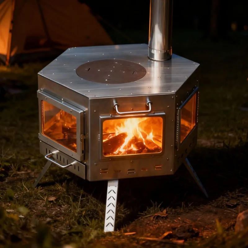 

Foldable Portable Hexagonal Stainless Steel Wood Burning Outdoor Camping Stove Tent Heater Cooker Multifunctional Tea Maker