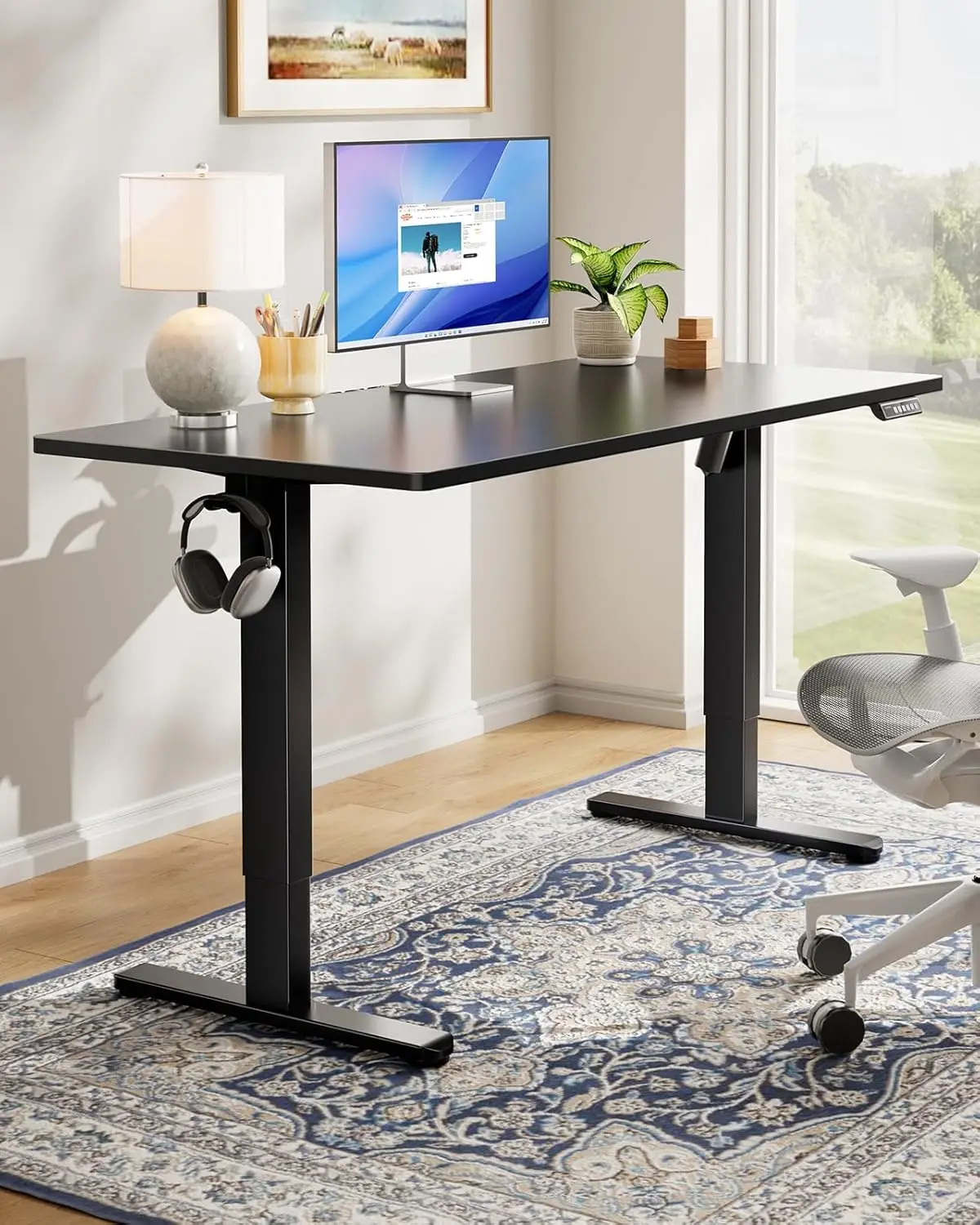 Huanuo Electric Standing Desk, 60"" X 24"" Whole Piece Desktop, Adjustable Height Computer Desk, 4 Height Memory Settings, Sit