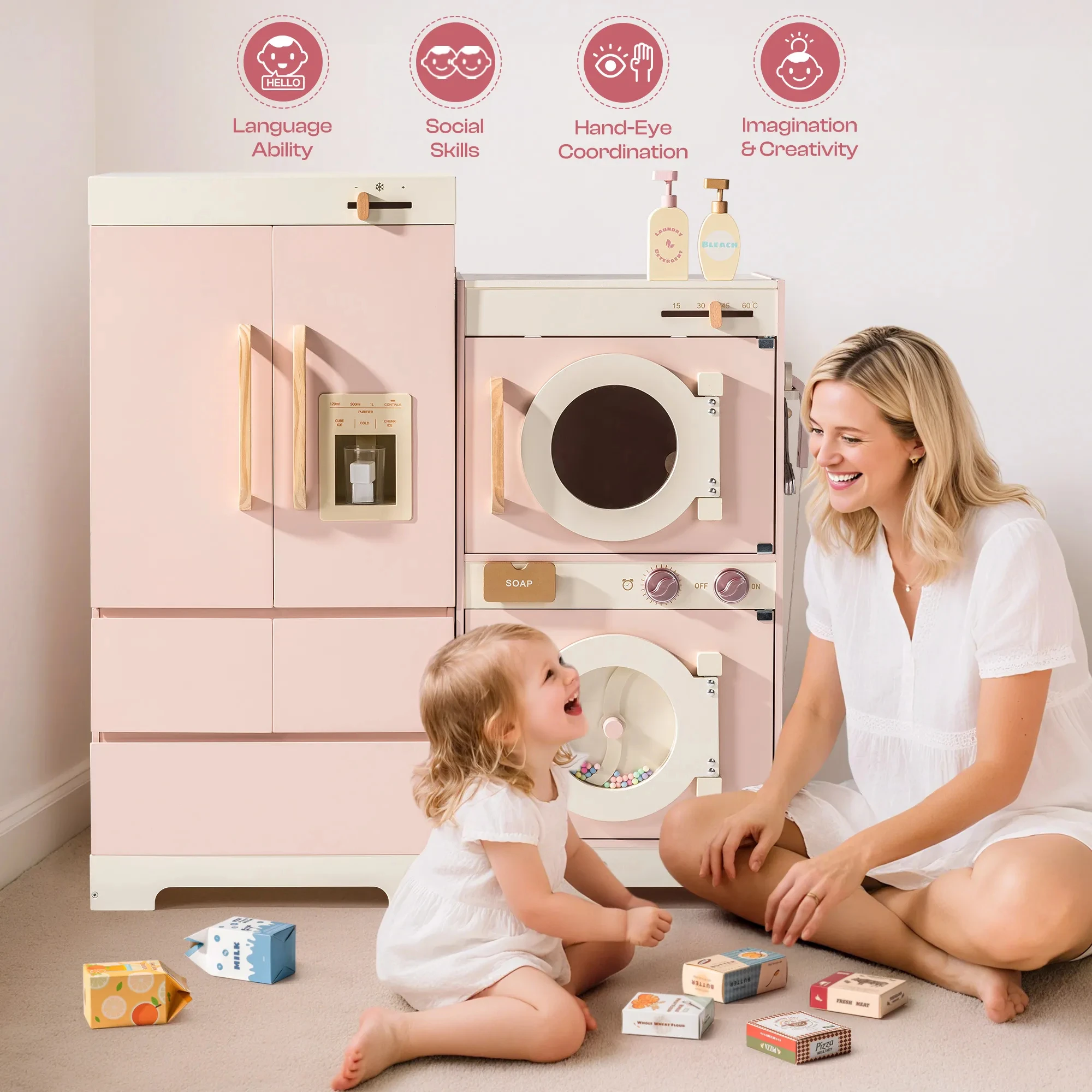 Robud Kids Wooden Pink Play Kitchen All in 1 Corner Set Includes Oven Refrigerator Washer Perfect Birthday Gift for Little Chefs view 5