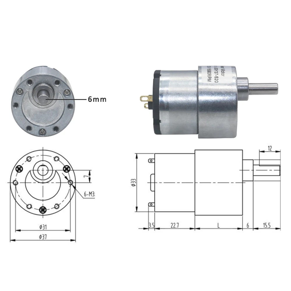 JGB37-520 DC 6V/12V/24V High Torque Gear Motor All Metal Gear Box Electric Motor 7/12/22/35/45/66/107/200/960RPM