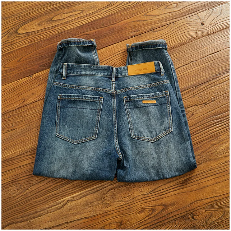 

Light blue washed versatile straight leg jeans for men, retro and simple Korean style fashionable casual denim pants
