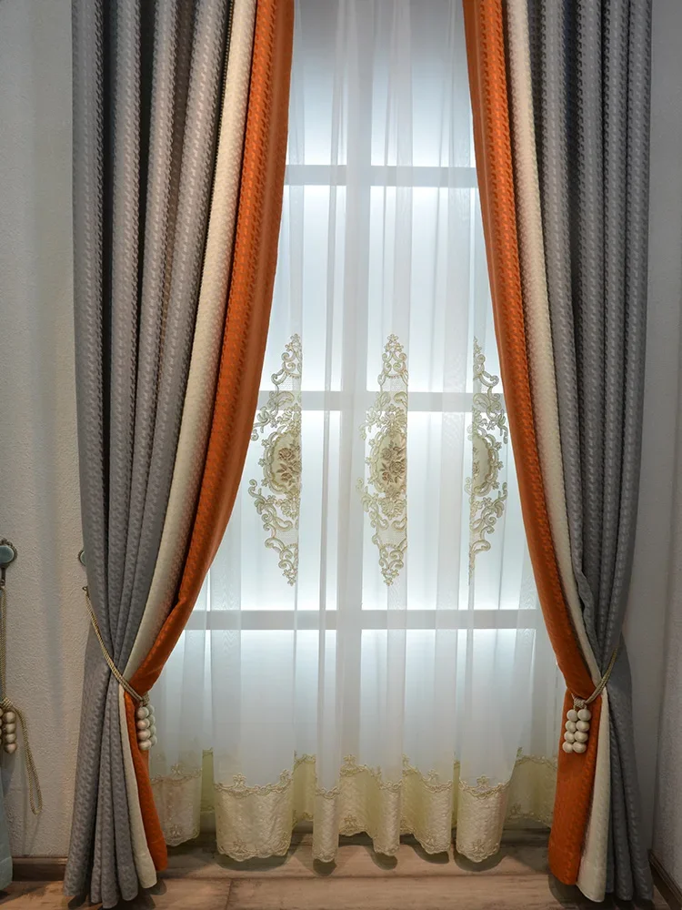 Jacquard Tricolor Thickened Splicing Blackout Curtains for Living Room Bedroom French Window Balcony Customized Floating Window