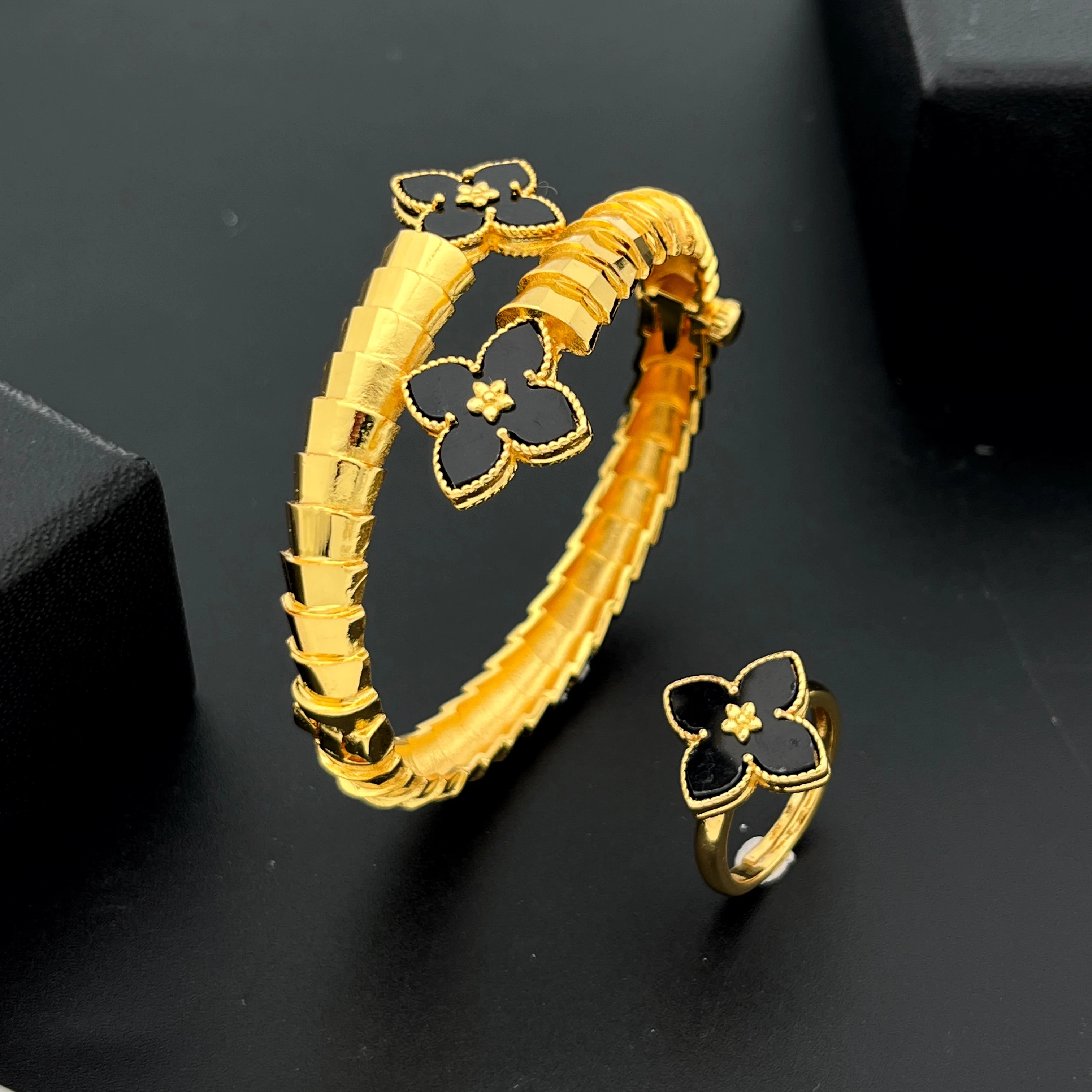 JRH Summer For Women Dubai Wedding Plated-Gold Color Bangle Ring Jewelry Set African Gift Bridal Jewelrly Luxury Unique Jewelry