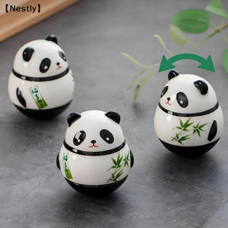 Ceramic Panda Doll Crafts Panda Tumbler Toy Lucky Charm Fortune Ornament Landscape Home Office Desk Decor〔Nest〕