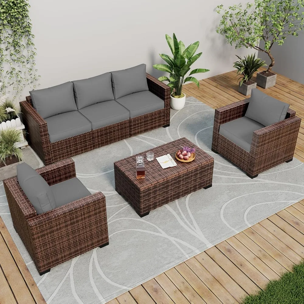 

Patio Furniture Set 6 Pieces Outdoor Sectional Furniture, Wicker Patio Sectional Sofa Rattan Couch with Storage Coffee Table, O