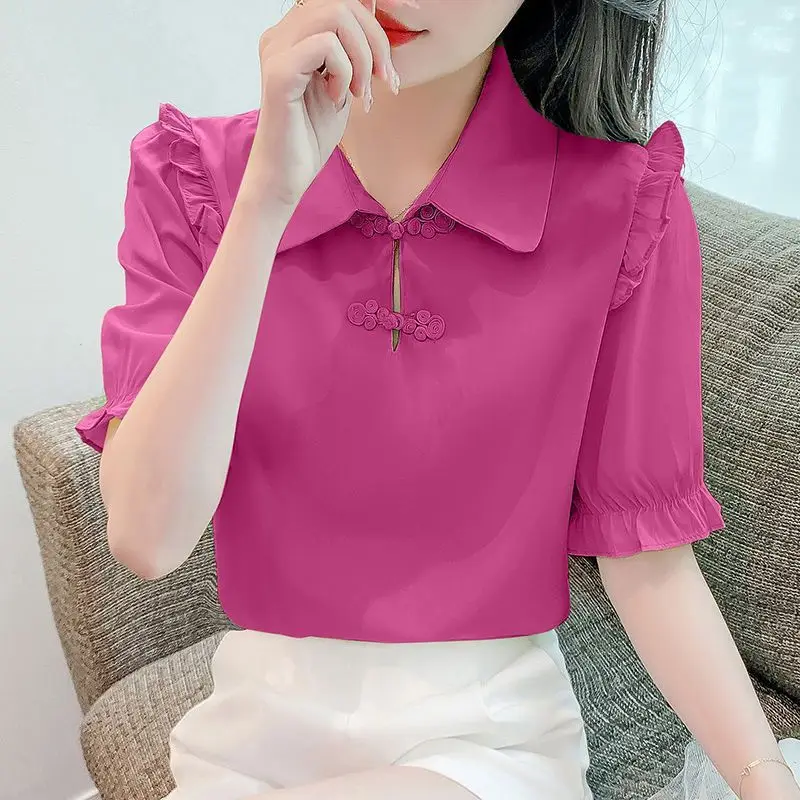 2024 Summer New Women\'s Solid Color Turn-down Collar Slim Elegant Versatile Short Sleeve Commuter Pan Button Chiffon Shirt Tops