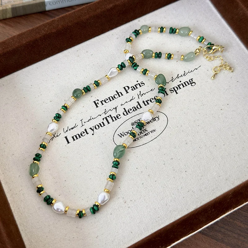 Minar Wholesale Green Color Natural Stone Malachite Simulated Pearl Strand Beaded Necklace for Women Gold Plated Chain Chokers