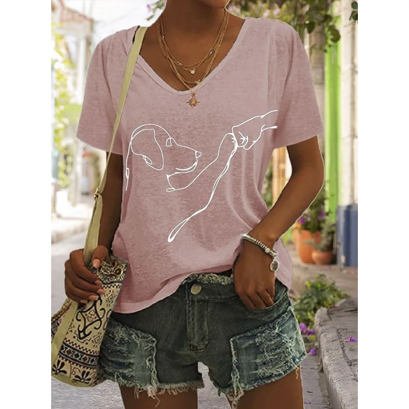 ilstile Women's Save The Beagles Dog Print T-Shirts Summer Short Sleeve Casual V Neck Tops Black Blue Tees Hot Sale