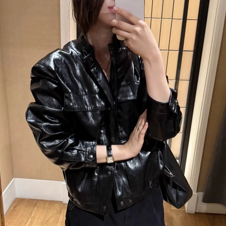 Loose Fit Glossy Bla Leather Jaet Stand Collar Casual Outerwear for Autumn Season TheBarnet Eight Milk Vintage Sle