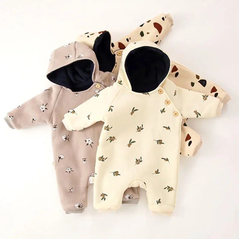 Winter Baby Girl Boys Thicken Warm Clothing Printing Hooded Toddler Baby Girl Thicken Warm Romper Korean Style Climbing Suit