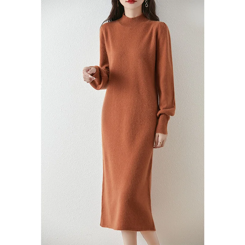 Autumn Winter Women's Dress Cashmere Mock Neck Pullover Skirts 100% Merino Wool Knitwear Puff Sleeve Soft Straight Sweater Dress