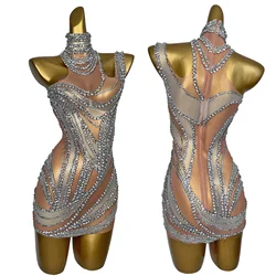 Women Silver Rhinestones Shiny Short Dress for Women Sexy Evening Luxury Party Gowns Celebrate Stage Perfomance Outfit Liuzhuan