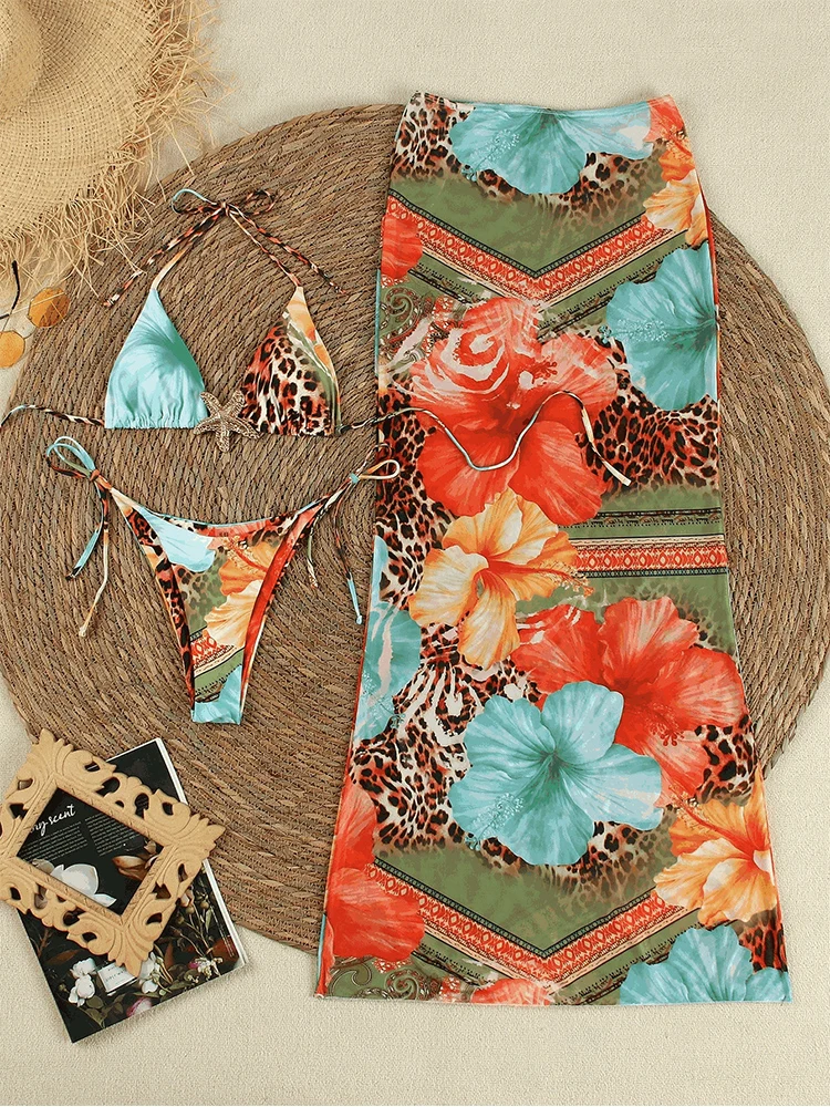 2026 Printed Bikini Women's Triangular Cup Quick Drying Cover Up Long Skirt 3Pieces Swimsuit Female Fashion Beach Bathing Suit