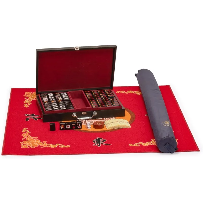 Mahjong Bundle - Chinese Mahjong Game Set, “Jet Set” - with 148 Black Tiles and Wooden Case, Red 31.1-inch Table Cover fo