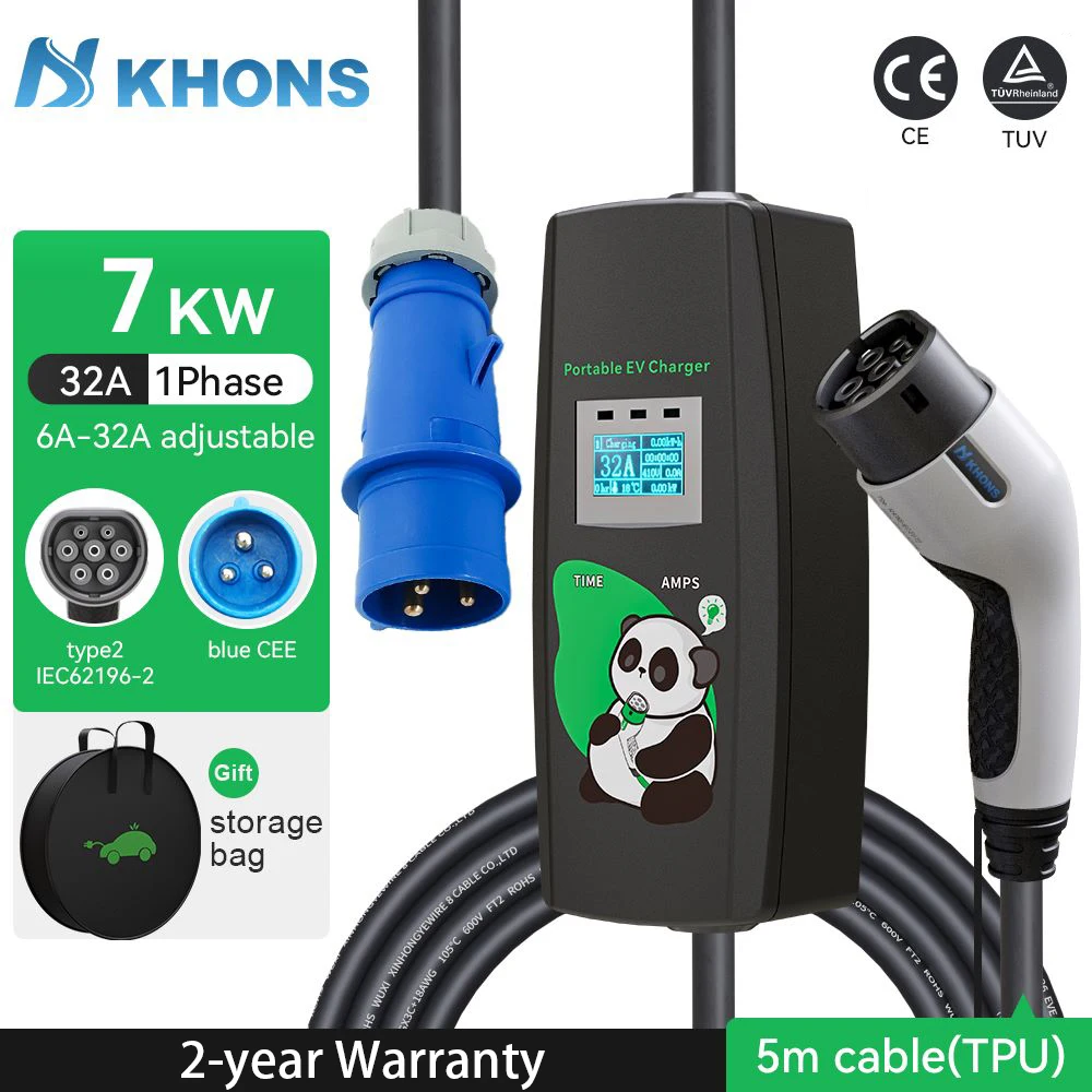 Khons 7kw Type2 Portable Electric Vehicle Charger 32A  EV Charger EVSE Wallbox Electric Vehicle Charger 5m Cable