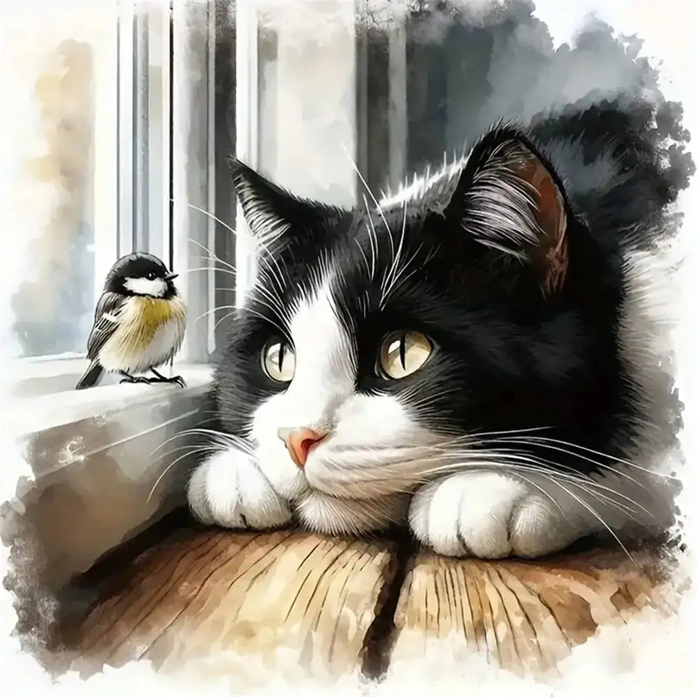 Watercolor Black And White Cat With Little Bird Diy Diamond Painting Home Wall Art Decor