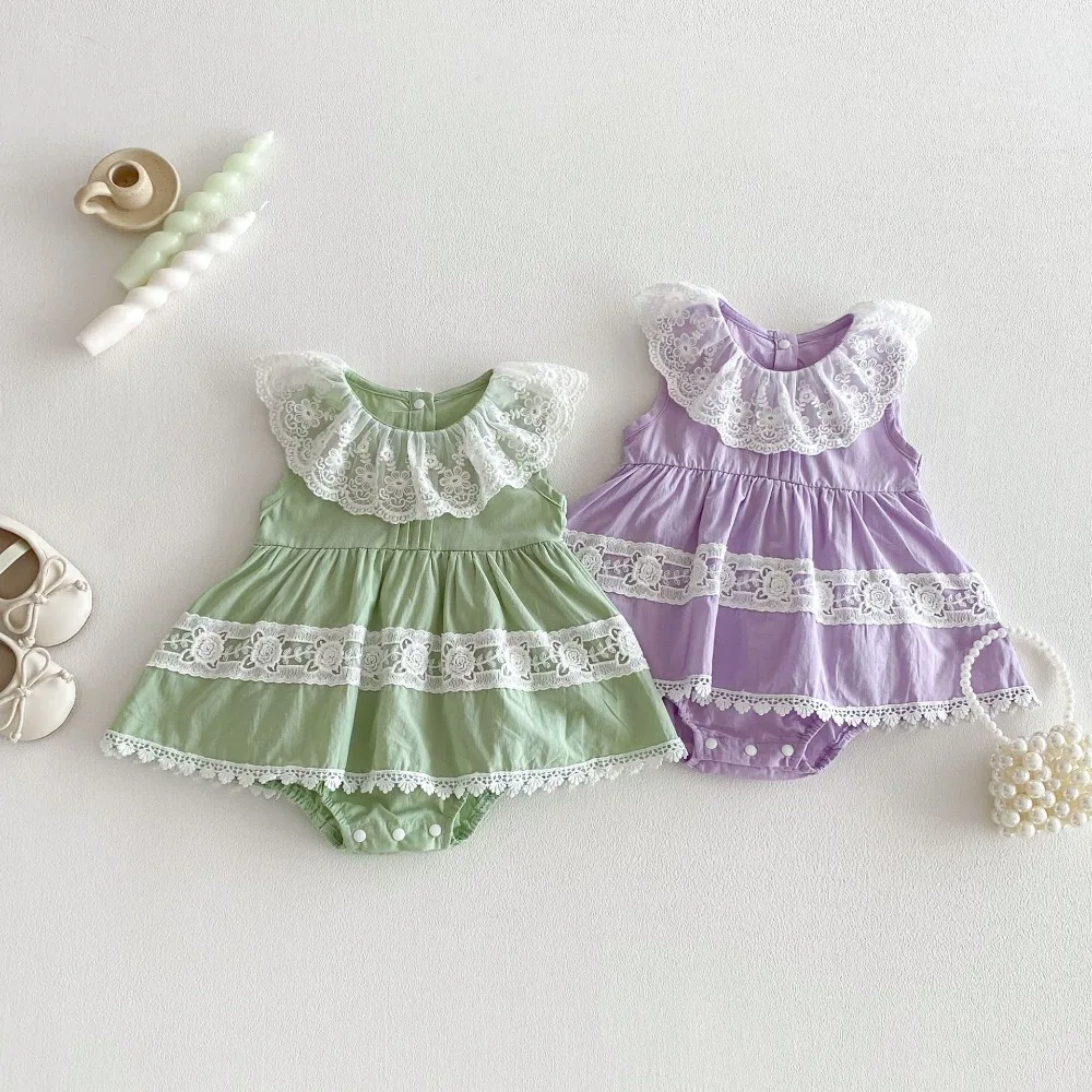 Cute Newborn Baby Girl Dress Romper 0-2Years Princess Girls Sleeveless Lace Collar Skirted Bodysuit Birthday Party Clothes
