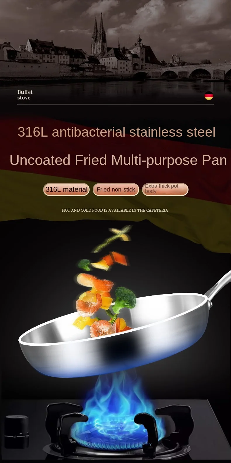 Bratpfanne aus Edelstahl 316, Antihaft-Pfanne, gebratener Steaktopf, unbeschichtetes Küchenkochgeschirr für Gasherd und Induktionsherd, Wok – Detail 3