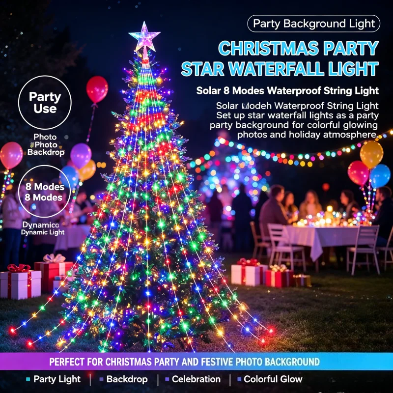 Party Environment Solar Star Waterfall Light Christmas Tree for Balcony Terrace Wall Hanging Holiday Festival Warm Lighting