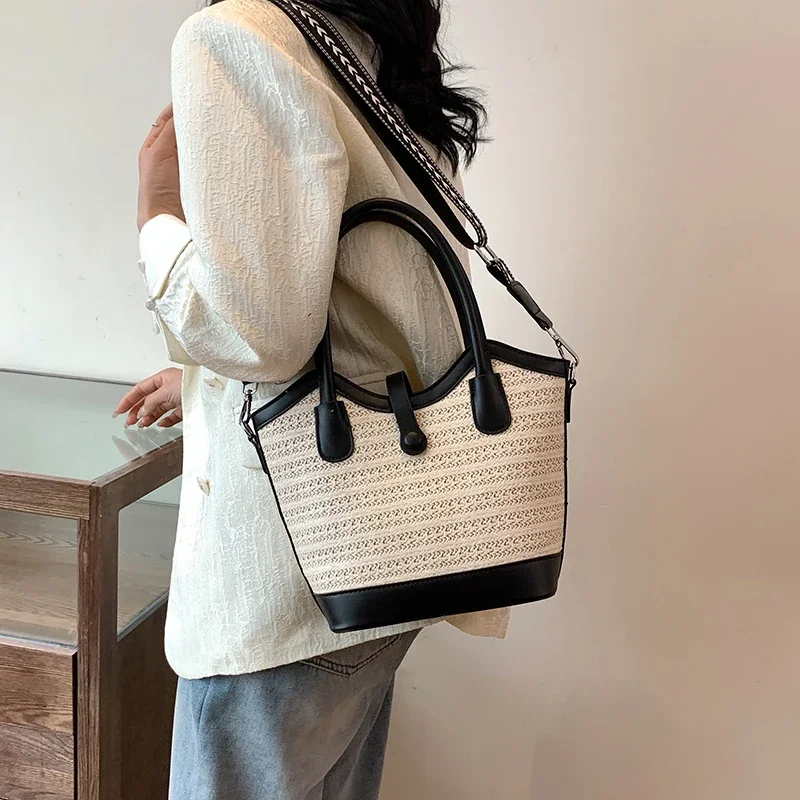 

Straw Woven One Shoulder Hand-Held Bucket Bag Fashionable Tote Wide Shoulder Strap Beach Vacation Crossbody Bag for Women