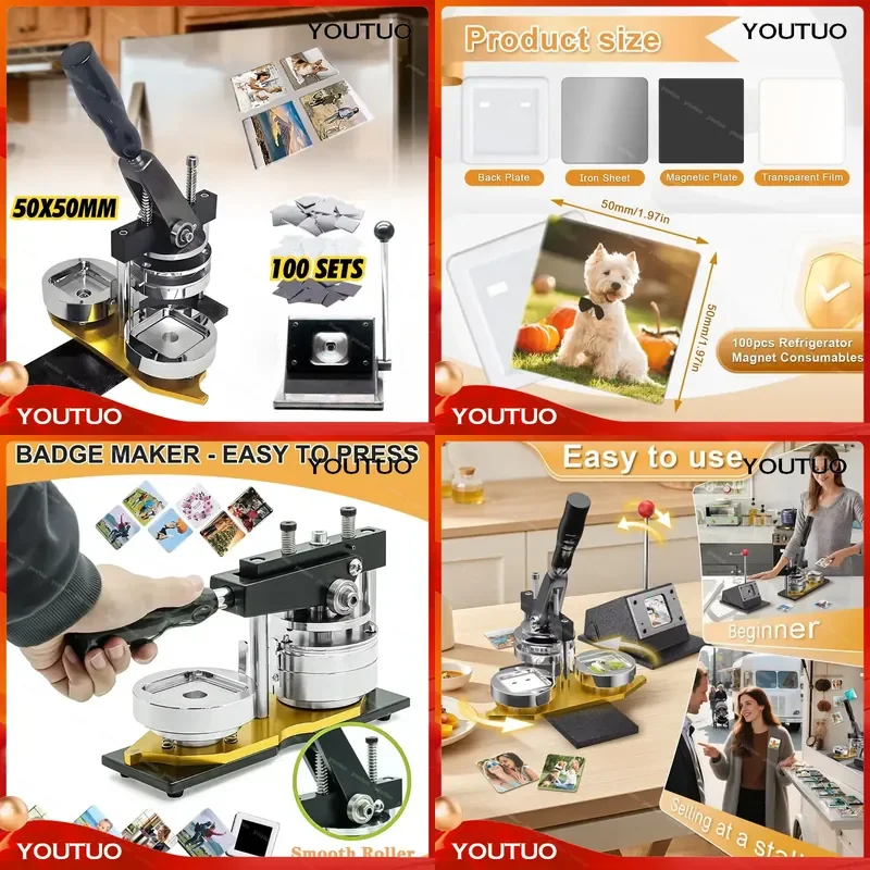 50mm 2inch Square Fridge Magnets Maker Machine Rotating Manual Photo Badge Maker DIY Button Maker Kit  Business Home