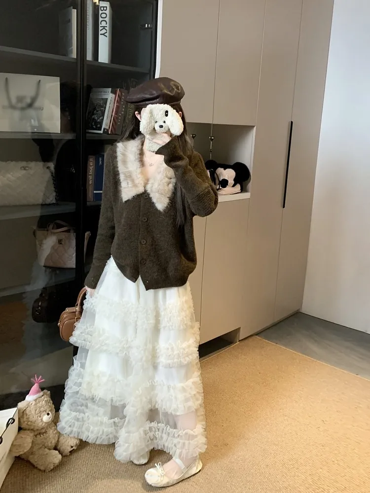 

Женский винтажный вязаный кардиган с меховым воротником и юбка-сетка с оборками, весенний модный комплект из двух предметов с завышенной талией