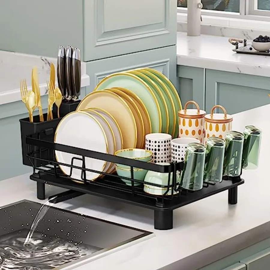 

Dish Drying Rack RustProof Dish Drainer with Drainboard Utensil Cup Holder Black Iron Dish Rack and Drainboard Set for Kitchen