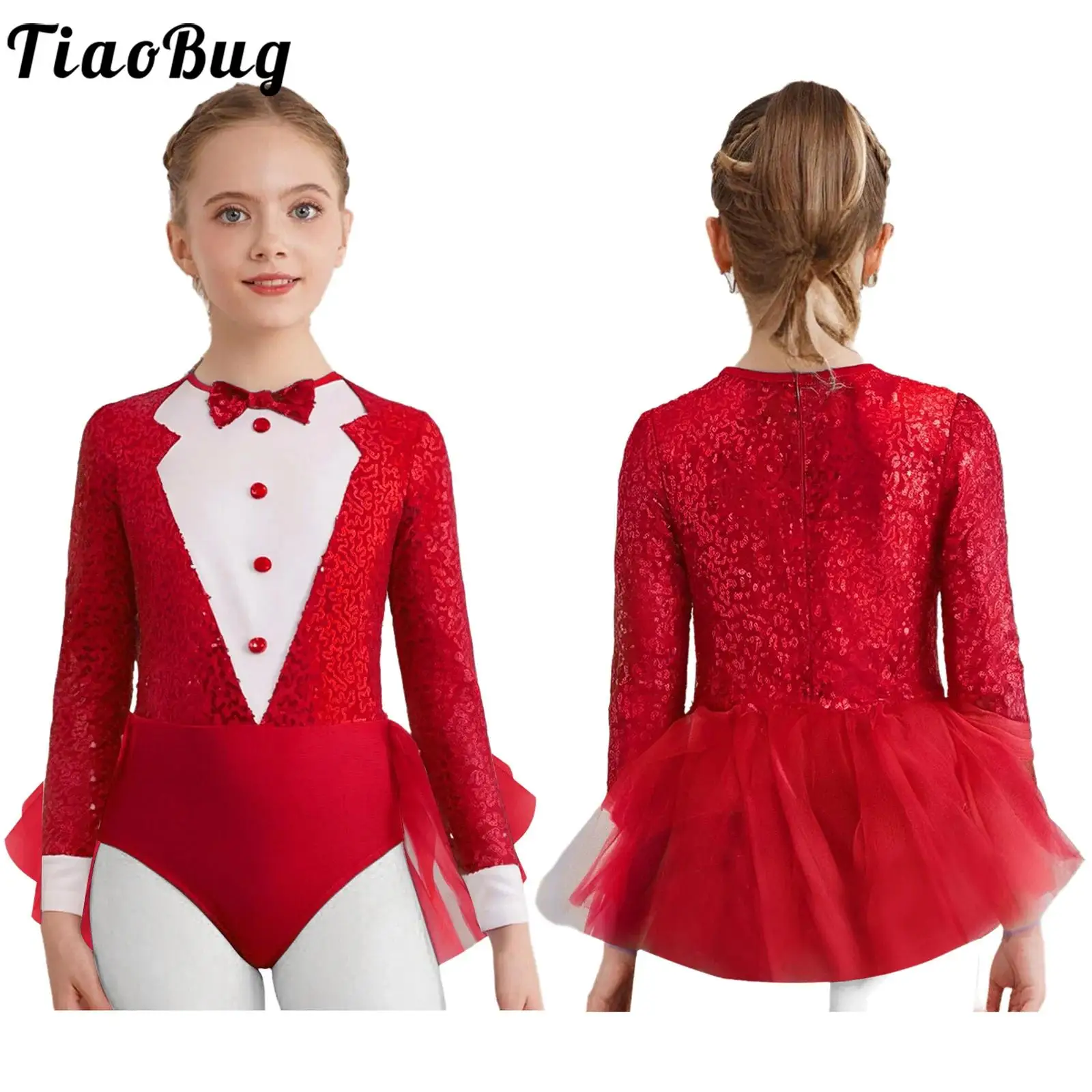 

Kids Girls Glittery Sequins Tulle Skirted Bodysuits for Modern Waltz Ballroom Ballet Dance Competition Performance Leotards