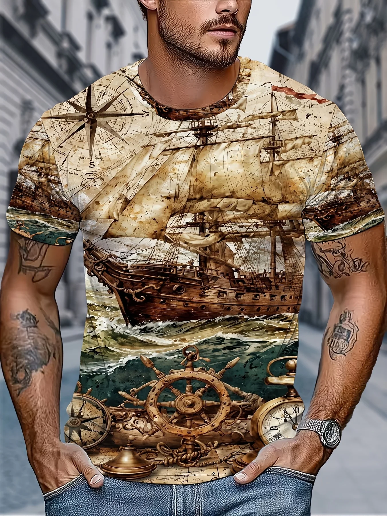 Men's Vintage Nautical Old Ship Compass Wheel Map Print T Shirt Retro Ocean Sailor Graphic Short Sleeve Casual Top