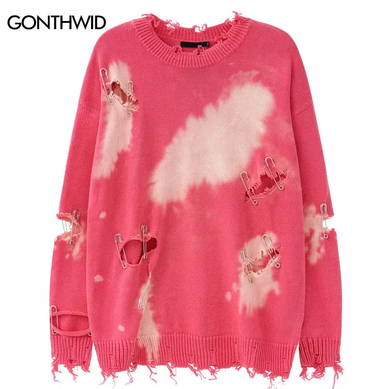 

Vintage Sweater Y2K Grunge Distressed Ripped Hole Pin Tie Dye Cotton Jumper Streetwear Hip Hop Punk Gothic Casual Loose Sweaters