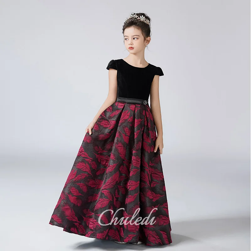 Girls Dresses Velvet Round Neck Small Half Sleeve Flared Long Heavy Jacquard Satin Birthday Princess Dresses