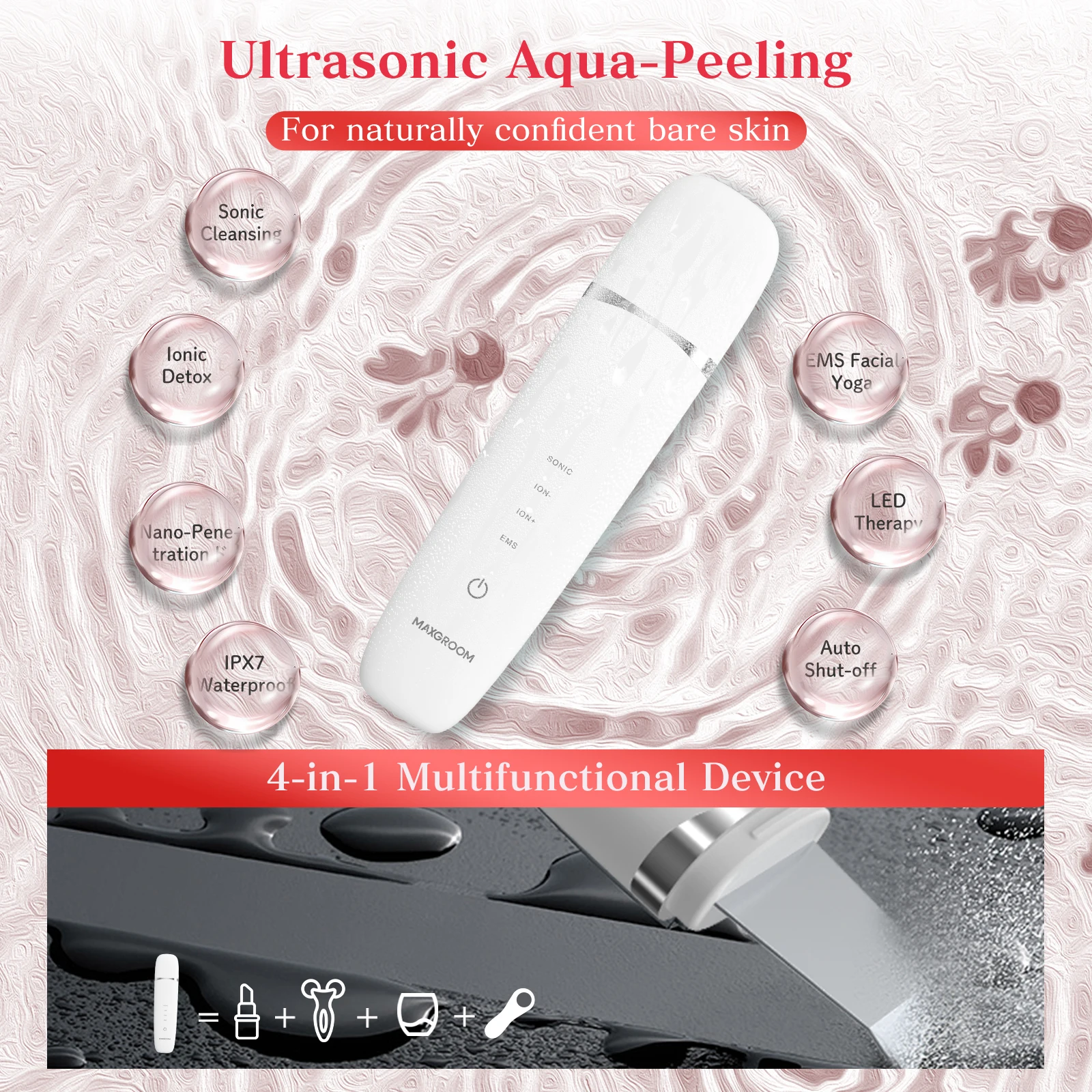 MAXGROOM Ultrasone Huid Scrubber Peeling Comedondrukker Diepe Gezichtsreiniging EMS Ion Ance Pore Cleaner Facial Schop Cleaner