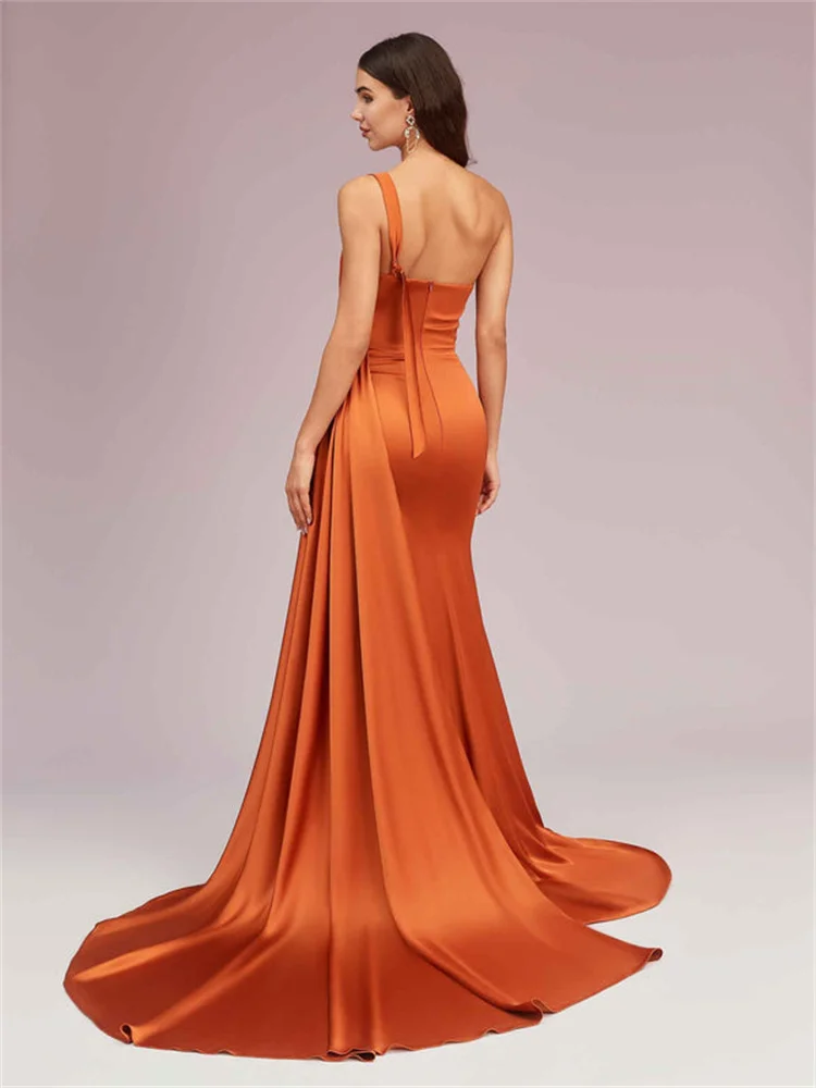 New Arrival One Shoulder Neckline Sleeveless Satin Mermaid Evening Dress Back Zipper Floor Length Sweep Train Gown For Women