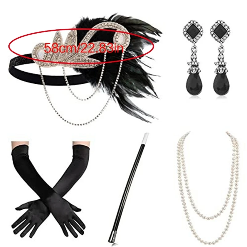 E15E Vintage Flapper Costume 1920s Women Great-Gatsby Headdress Gloves Earrings Necklace Prom Party Accessories Set