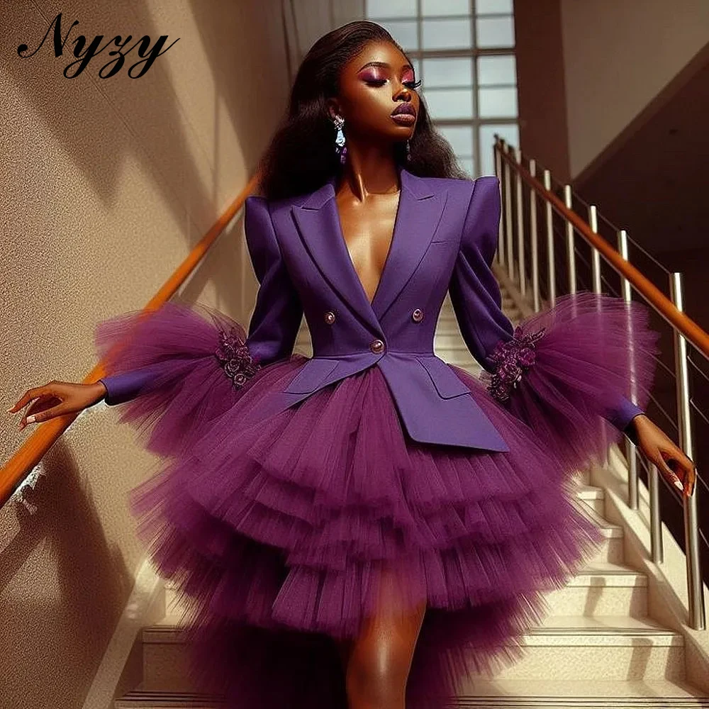 

NYZY E522 Suit Style Deep V-neck Sexy Cocktail Party Dresses 2025 Puffy Hi-low Purple Date Birthday Evening Gowns Customized