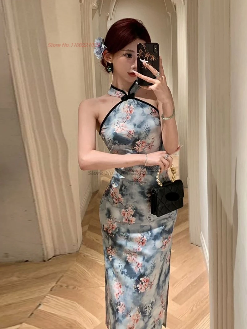 فستان ملهى ليلي شرقي عتيق لعام 2025 فستان شيونغسام تقليدي مطبوع عليه زهور بدون أكمام من تشيباو فستان سهرة للولائم الرجعية #3